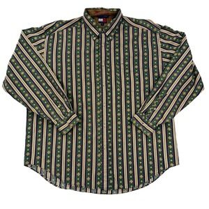 VTG Mens Tommy Hilfiger Button Up Shirt Long Sleeve Geometric Green 90s Sz L